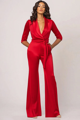 Roter Schal Revers Langärmelige Formelle Jumpsuits aus Satin