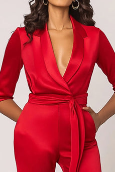 Roter Schal Revers Langärmelige Formelle Jumpsuits aus Satin