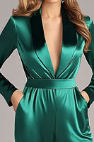 Laden Sie das Bild in den Galerie-Viewer, Dunkelgrün Satin Schal Revers Lange Ärmel Formelle Jumpsuits