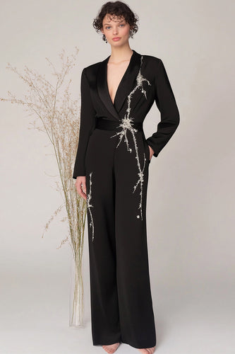 Schwarzes Schal Revers Satin Lange Ärmel Formale Jumpsuits mit Perlenstickerei