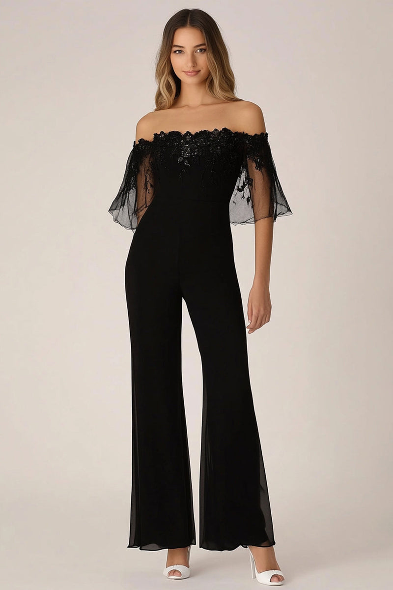 Laden Sie das Bild in den Galerie-Viewer, Schwarze Schulterfreie Formelle Chiffon Jumpsuits mit Applikationen