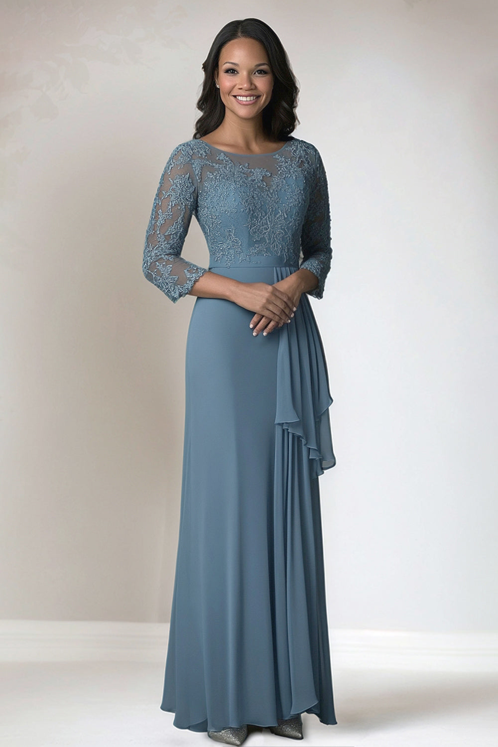 Staubblaues 3/4-Ärmel Spitzen chiffon Brautmutterkleid