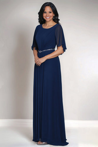 Marineblaues Chiffon kleid für die Brautmutter mit Rundhalsausschnitt und kurzen Ärmeln