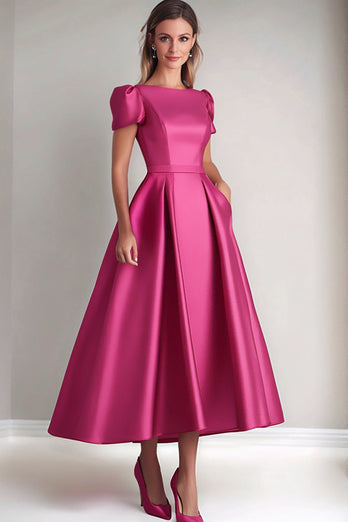 Fuchsia A Linie Kleid für die Brautmutter mit Puffärmeln