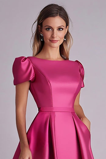 Fuchsia A Linie Kleid für die Brautmutter mit Puffärmeln