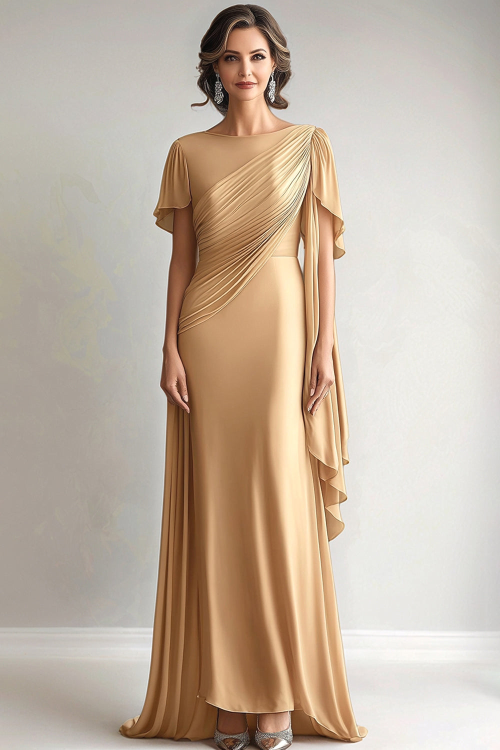 Elegantes goldenes gerafftes Brautmutterkleid mit kurzen Ärmeln