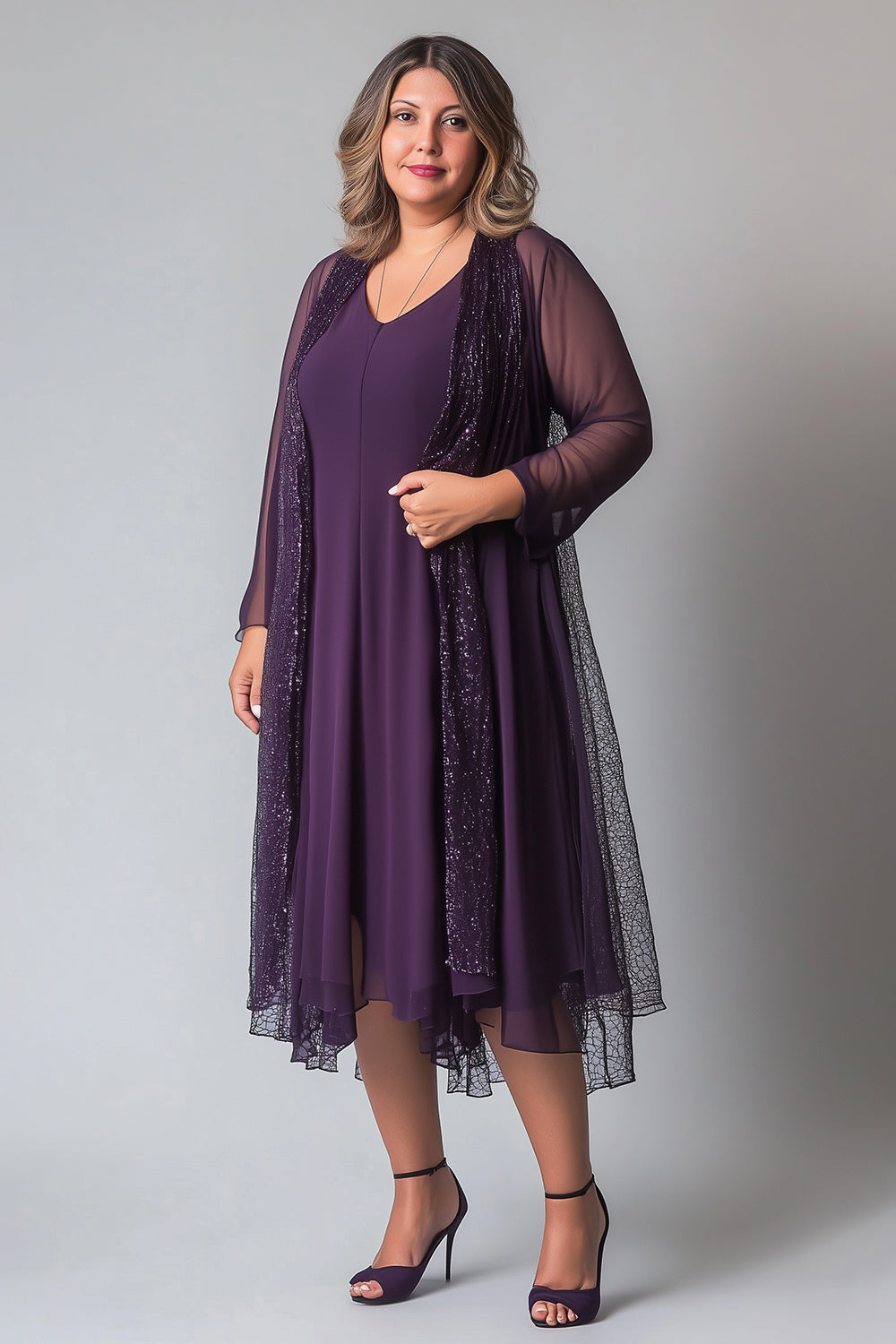 Glitzerndes lila Chiffon A-Linie V-Ausschnitt Kleid für die Mutter der Braut mit langen Ärmeln