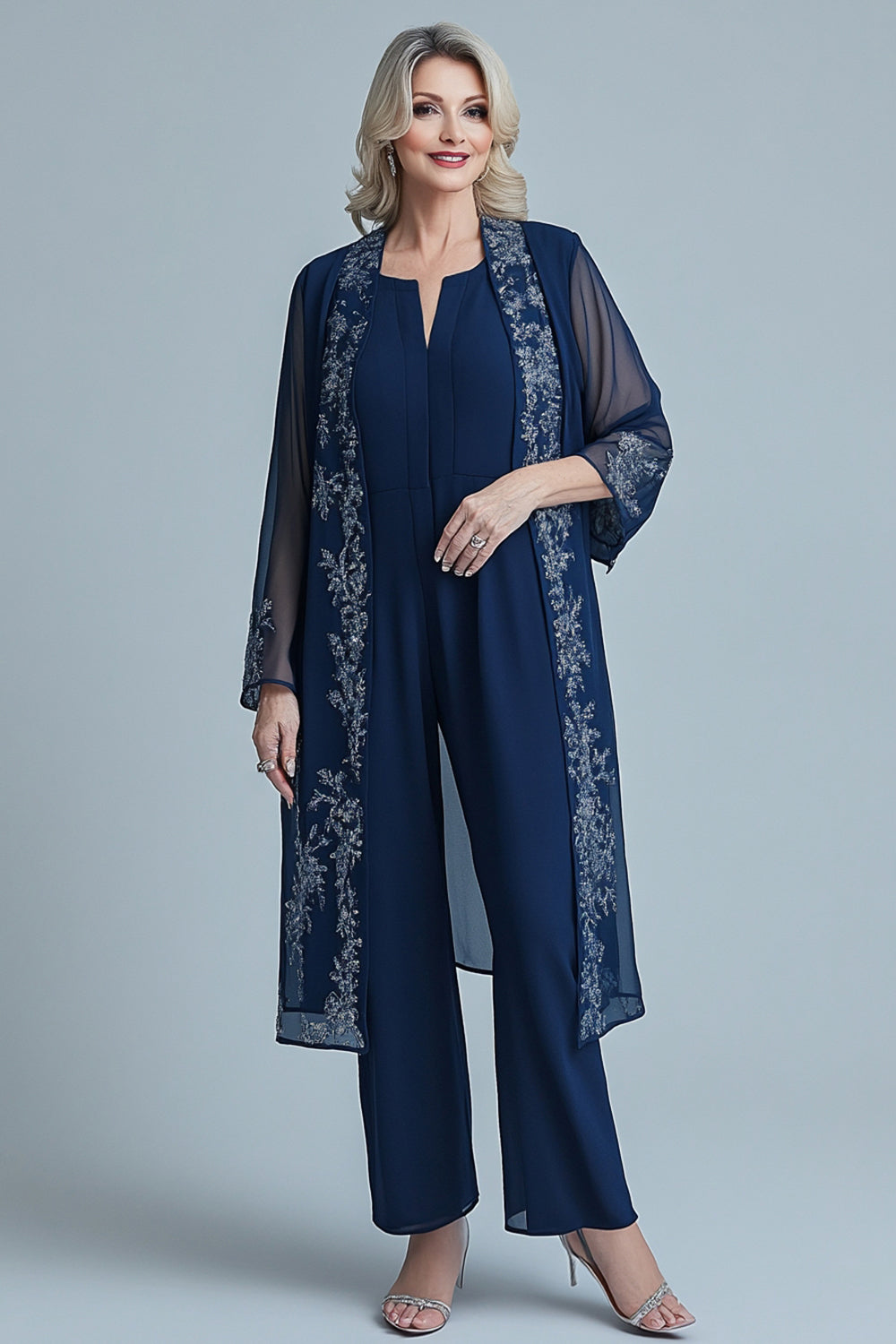 Jumpsuit Marineblaue Applikationen Chiffon Lange Ärmel Quadratischer Ausschnitt Mutter der Braut Sets