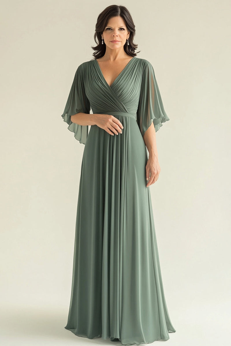 Laden Sie das Bild in den Galerie-Viewer, Grünes A-Linie Falten Chiffon Halbärmel Langes Chorkleid
