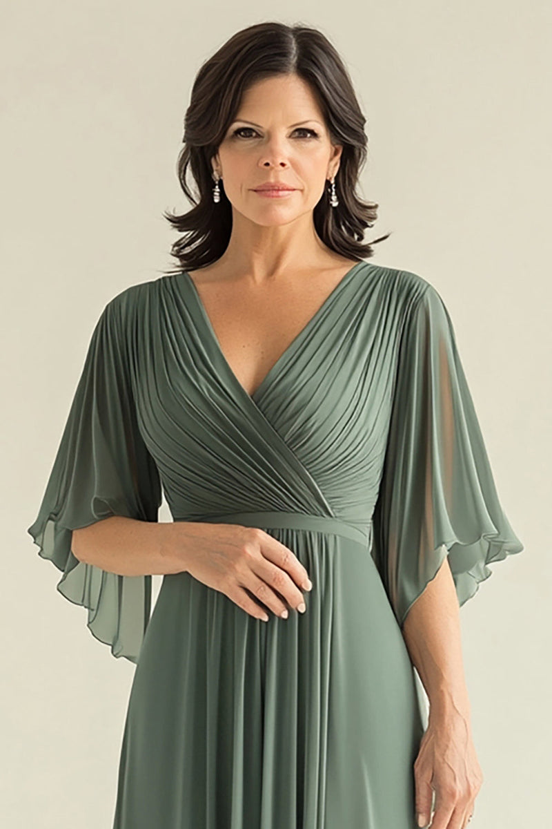 Laden Sie das Bild in den Galerie-Viewer, Grünes A-Linie Falten Chiffon Halbärmel Langes Chorkleid