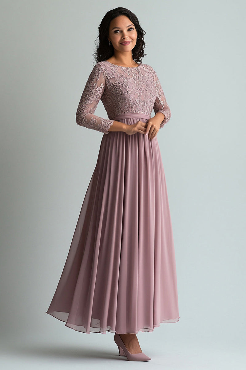 Laden Sie das Bild in den Galerie-Viewer, Spitze Blush Chiffon Rundhalsausschnitt A Linie Mutter der Braut Kleid