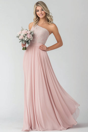 Blush A Linie Ein Schulter Brautjungfernkleid aus Chiffon und Spitze