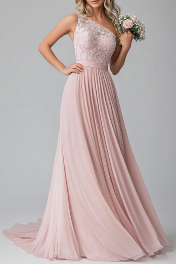 Blush A Linie Ein Schulter Brautjungfernkleid aus Chiffon und Spitze