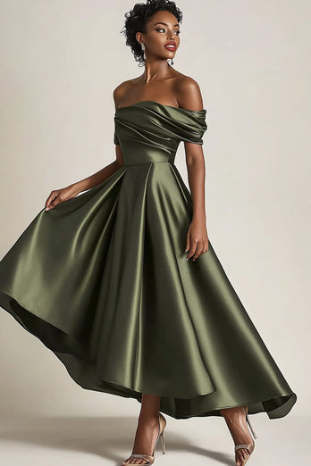 Olive Knöchellanges A-Linie schulterfreies gerafftes Satin Brautmutterkleid