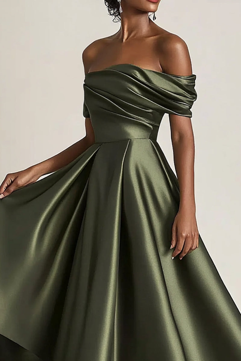Laden Sie das Bild in den Galerie-Viewer, Schulterfreies Olive Knöchellanges Gerafftes Brautmutterkleid aus Satin in A-Linie