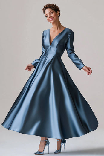 Blaues A-Linie Satin Brautmutterkleid mit V-Ausschnitt und langen Ärmeln