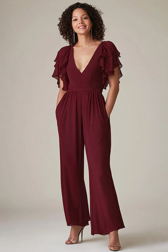 Burgundy Chiffon Mutter-Jumpsuit mit Rüschenärmeln