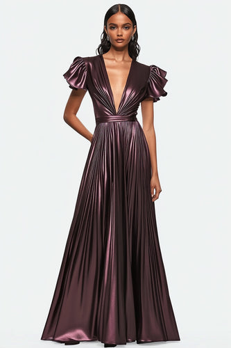 Staubig Lila plissiertes Metallic-Satin Ballkleid mit V-Ausschnitt