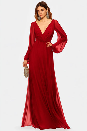 Rotes Chiffon Kleid für die Brautmutter mit V-Ausschnitt und langen Ärmeln