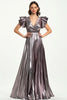 Laden Sie das Bild in den Galerie-Viewer, Taro Lila Plissee Metallic Satin Ballkleid mit kurzen Rüschenärmeln