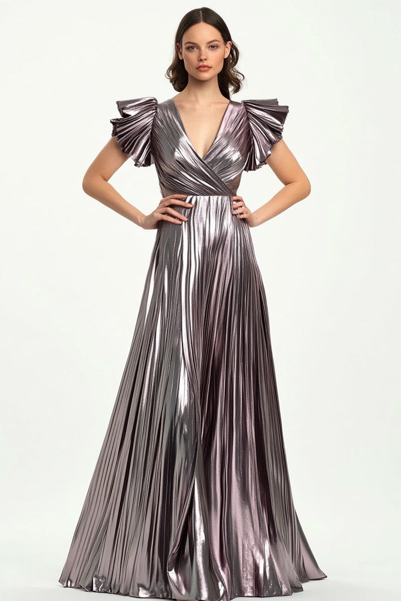 Laden Sie das Bild in den Galerie-Viewer, Taro Lila Plissee Metallic Satin Ballkleid mit kurzen Rüschenärmeln