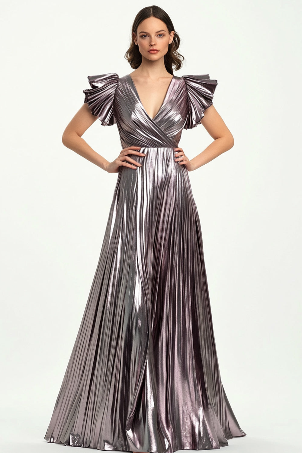 Taro Lila Plissee Metallic Satin Ballkleid mit kurzen Rüschenärmeln