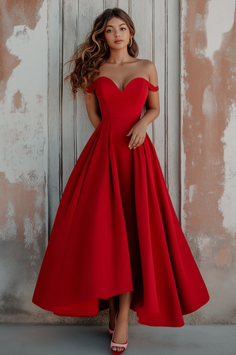 Rotes schulterfreies A-Linie Abendkleid