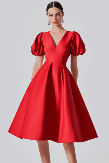 Rotes A-Linie Satin Partykleid mit Puffärmeln