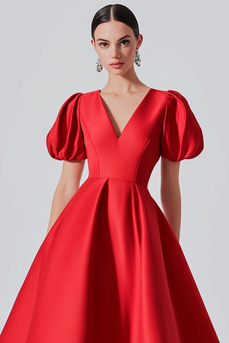 Rotes A-Linie Satin Partykleid mit Puffärmeln