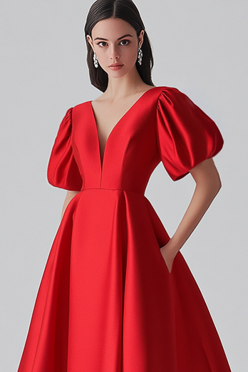 Rotes A-Linie Satin Partykleid mit Puffärmeln