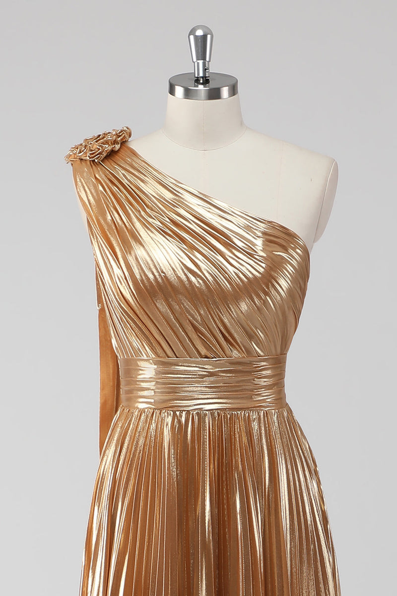 Laden Sie das Bild in den Galerie-Viewer, Goldenes Ein-Schulter A-Linie Metallic Abendkleid