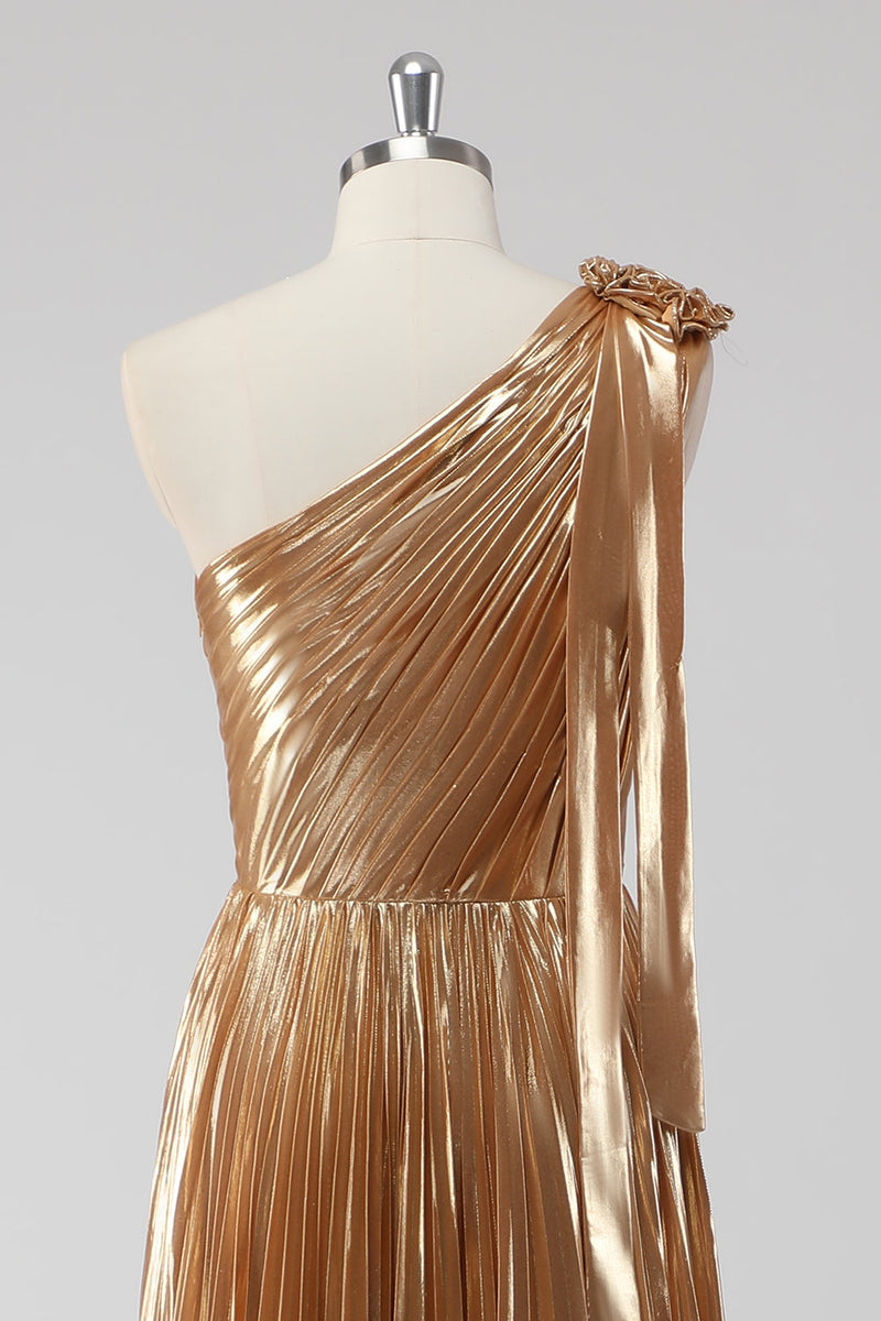 Laden Sie das Bild in den Galerie-Viewer, Goldenes Ein-Schulter A-Linie Metallic Abendkleid