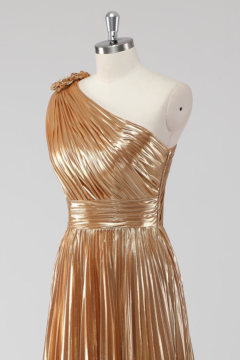 Laden Sie das Bild in den Galerie-Viewer, Goldenes Ein-Schulter A-Linie Metallic Abendkleid