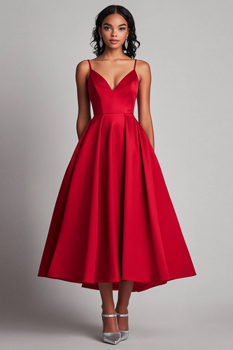 Rotes Teelänge A-Linie Satin Partykleid