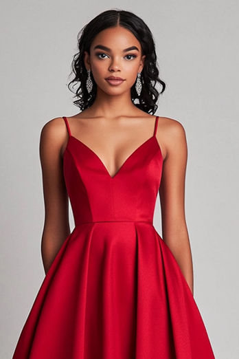 Rotes Teelänge A-Linie Satin Partykleid