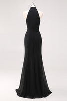Laden Sie das Bild in den Galerie-Viewer, Schwarzes Meerjungfrau Langes Neckholder Rüschen Abendkleid mit Schlitz