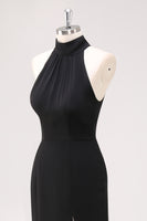 Laden Sie das Bild in den Galerie-Viewer, Schwarzes Meerjungfrau Langes Neckholder Rüschen Abendkleid mit Schlitz