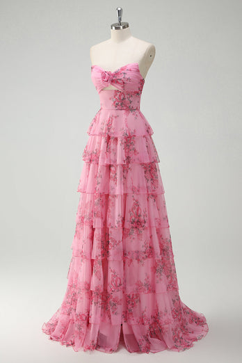 Blush Blumendruck Prinzessin Herzausschnitt gestuftes langes Ballkleid