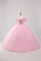 Laden Sie das Bild in den Galerie-Viewer, Prinzessin Rosa Ballkleid Schulterfreies perlenbesetztes Quinceanera Kleid aus Tüll