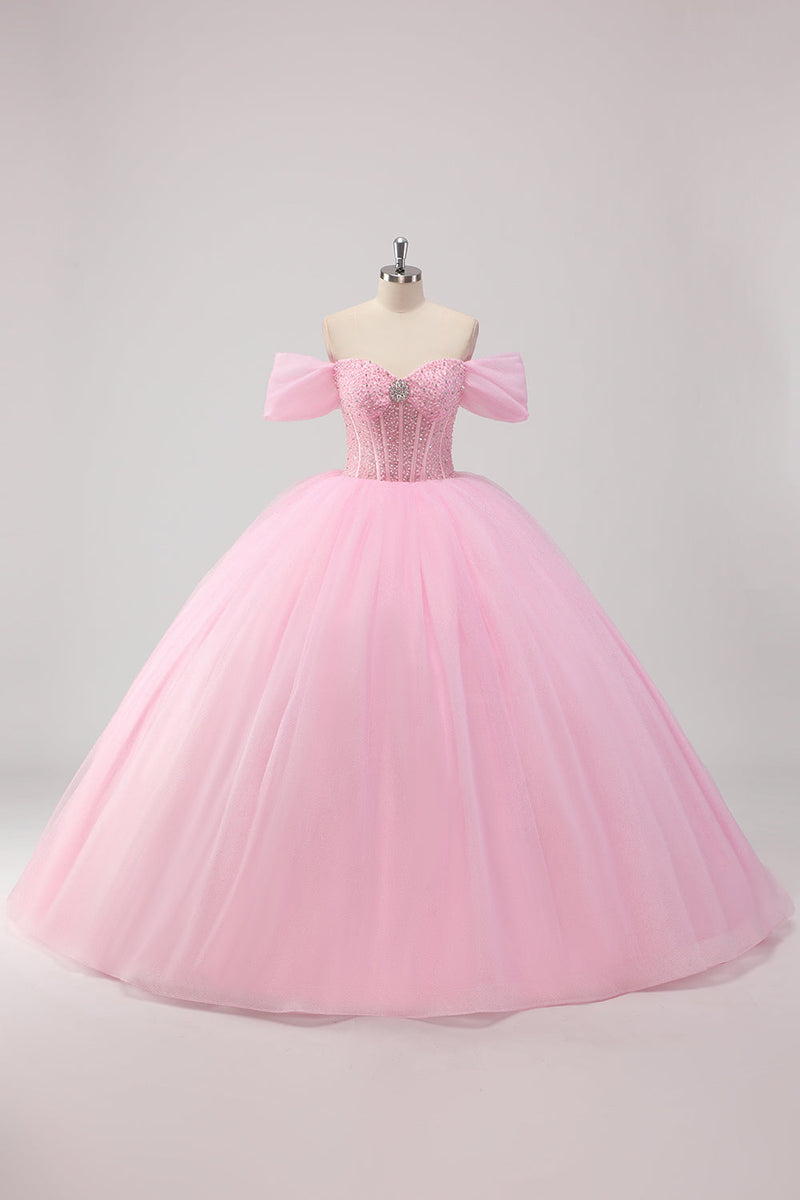 Laden Sie das Bild in den Galerie-Viewer, Prinzessin Rosa Ballkleid Schulterfreies perlenbesetztes Quinceanera Kleid aus Tüll