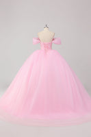 Laden Sie das Bild in den Galerie-Viewer, Prinzessin Rosa Ballkleid Schulterfreies perlenbesetztes Quinceanera Kleid aus Tüll