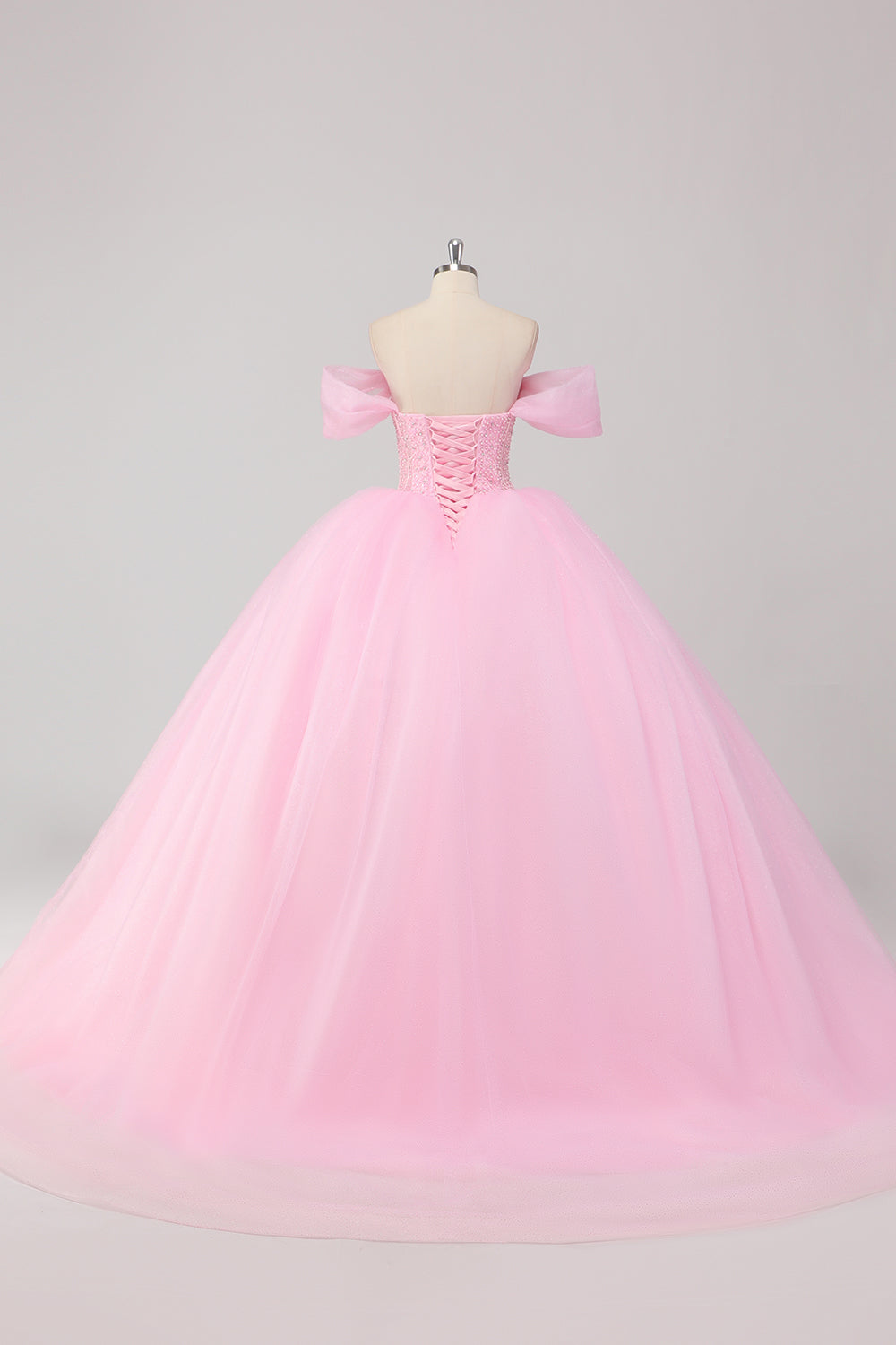 Prinzessin Rosa Ballkleid Schulterfreies perlenbesetztes Quinceanera Kleid aus Tüll