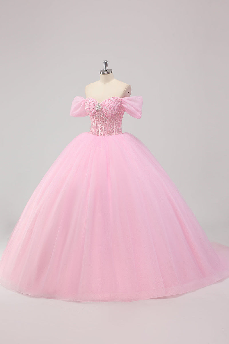 Laden Sie das Bild in den Galerie-Viewer, Prinzessin Rosa Ballkleid Schulterfreies perlenbesetztes Quinceanera Kleid aus Tüll