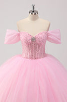 Laden Sie das Bild in den Galerie-Viewer, Prinzessin Rosa Ballkleid Schulterfreies perlenbesetztes Quinceanera Kleid aus Tüll