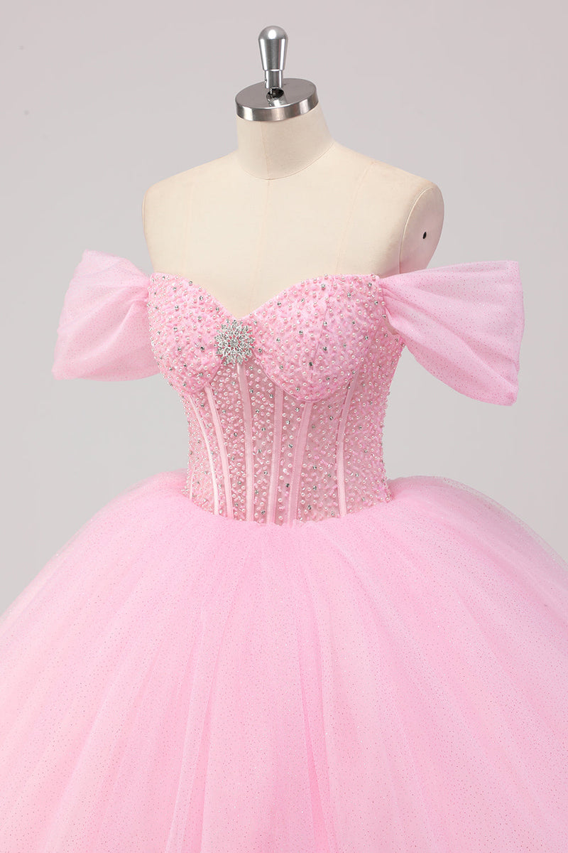 Laden Sie das Bild in den Galerie-Viewer, Prinzessin Rosa Ballkleid Schulterfreies perlenbesetztes Quinceanera Kleid aus Tüll