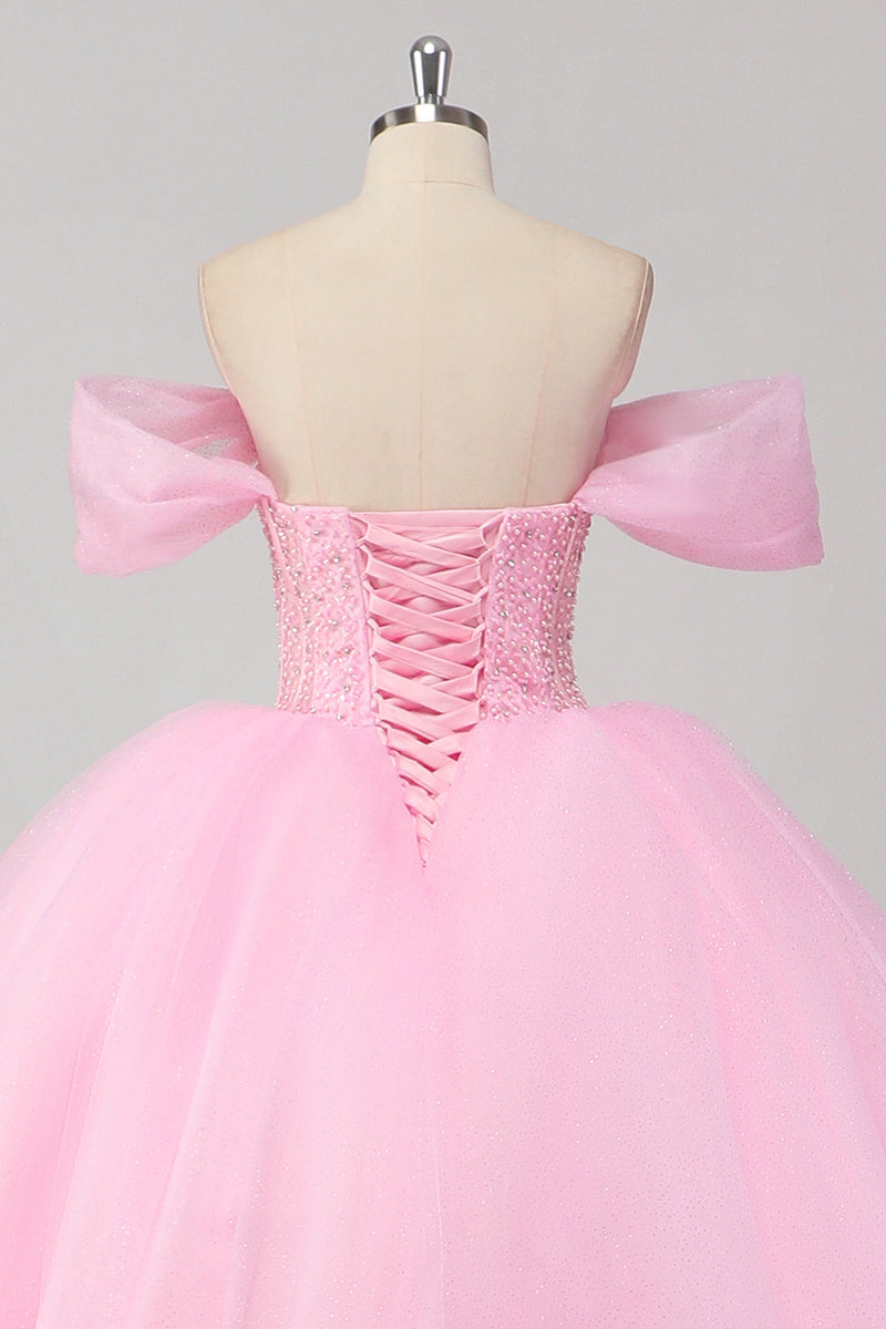 Laden Sie das Bild in den Galerie-Viewer, Prinzessin Rosa Ballkleid Schulterfreies perlenbesetztes Quinceanera Kleid aus Tüll