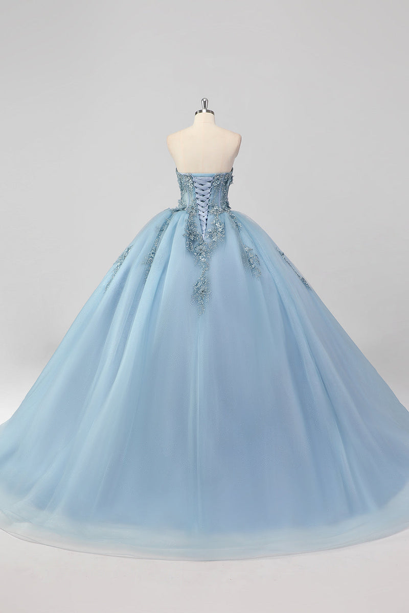 Laden Sie das Bild in den Galerie-Viewer, Prinzessin Grau Blau Trägerloses Quinceanera Kleid aus Tüll mit Applikationen