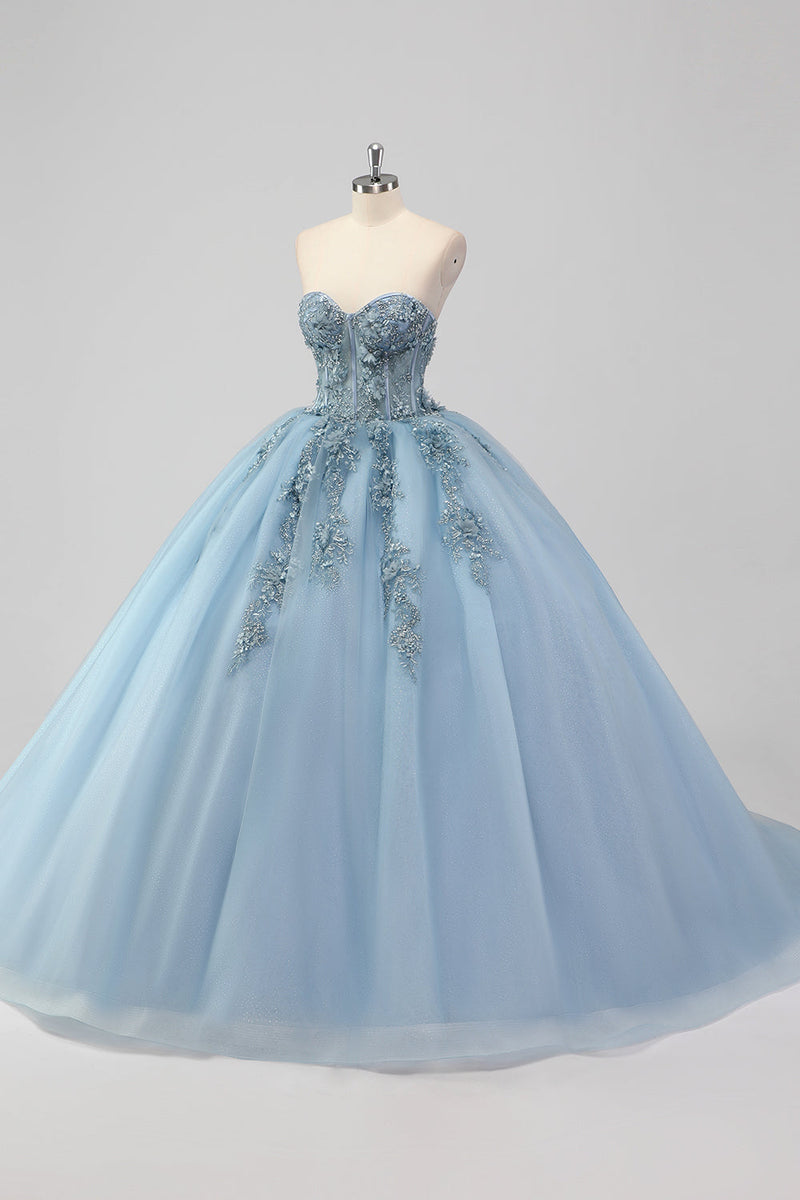Laden Sie das Bild in den Galerie-Viewer, Prinzessin Grau Blau Trägerloses Quinceanera Kleid aus Tüll mit Applikationen