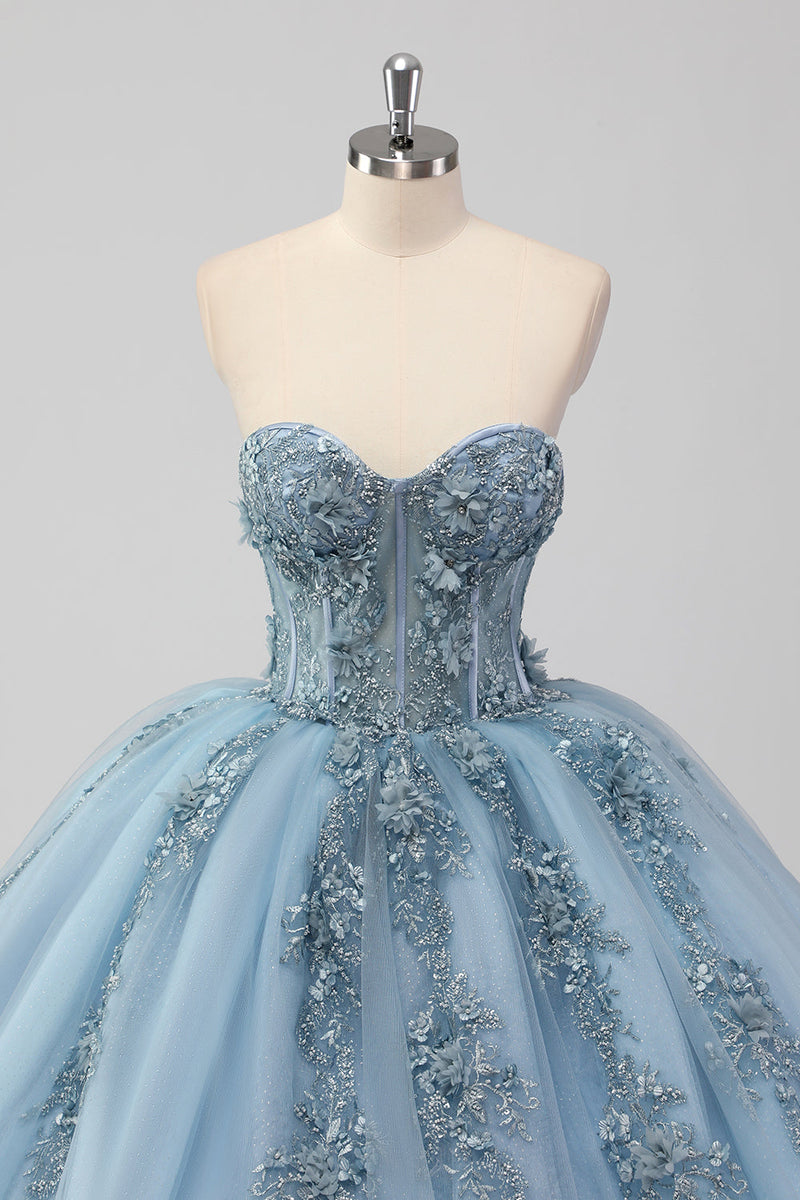 Laden Sie das Bild in den Galerie-Viewer, Prinzessin Grau Blau Trägerloses Quinceanera Kleid aus Tüll mit Applikationen