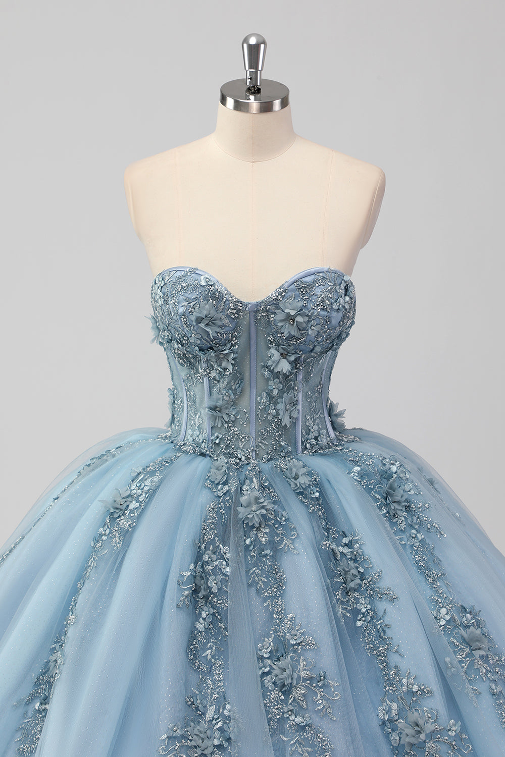 Prinzessin Grau Blau Trägerloses Quinceanera Kleid aus Tüll mit Applikationen